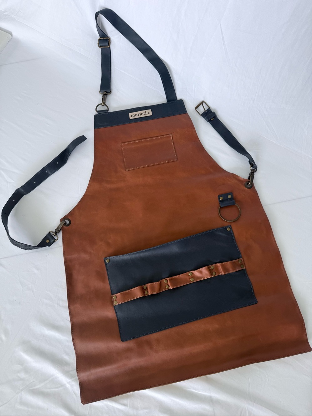 Marieti.c Leather BBQ Apron in Brown with Navy Straps - Picture 2 of 10